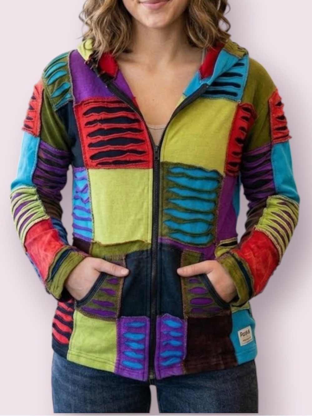 Rising International Boho Patchwork Full Zip Hoodie Jacket Size XL Multicolored